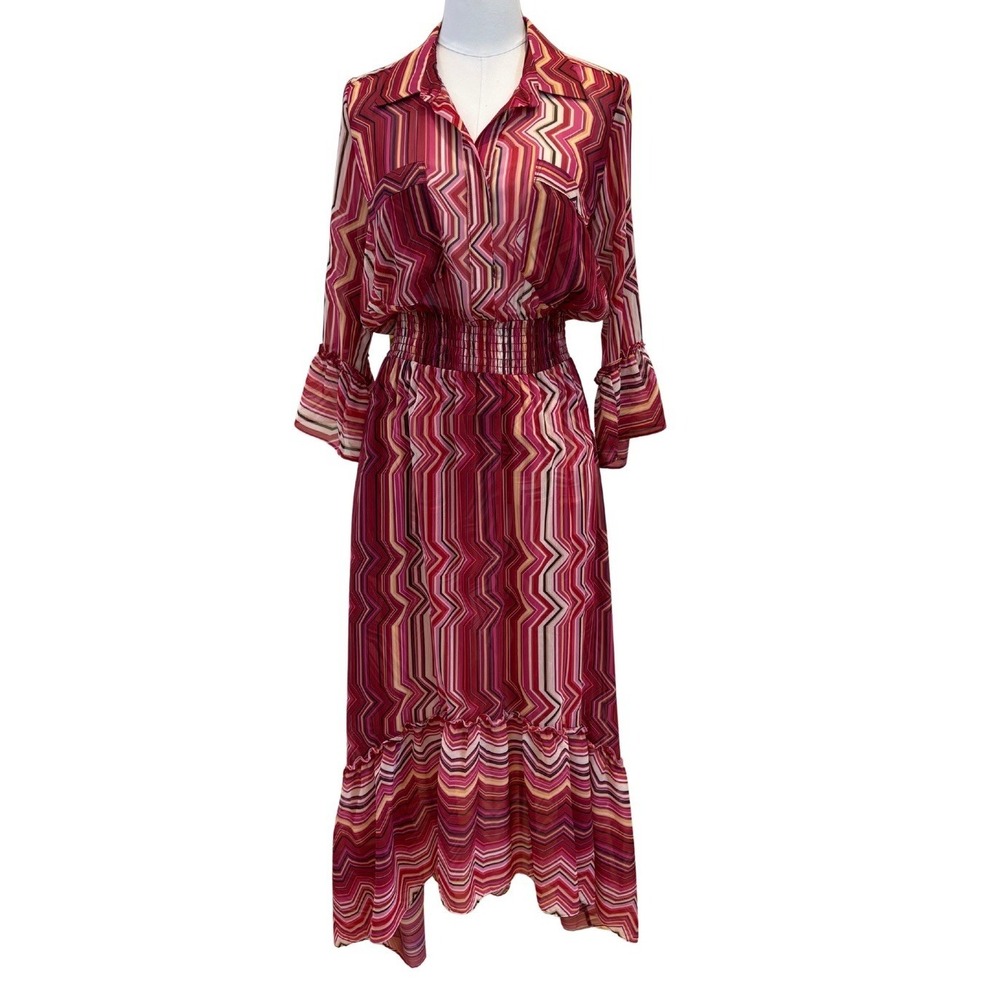 Misa Los Angeles Ofelia Dress Pink Orange Chiffon Hi Low Flowy Midi Size‎ Medium
